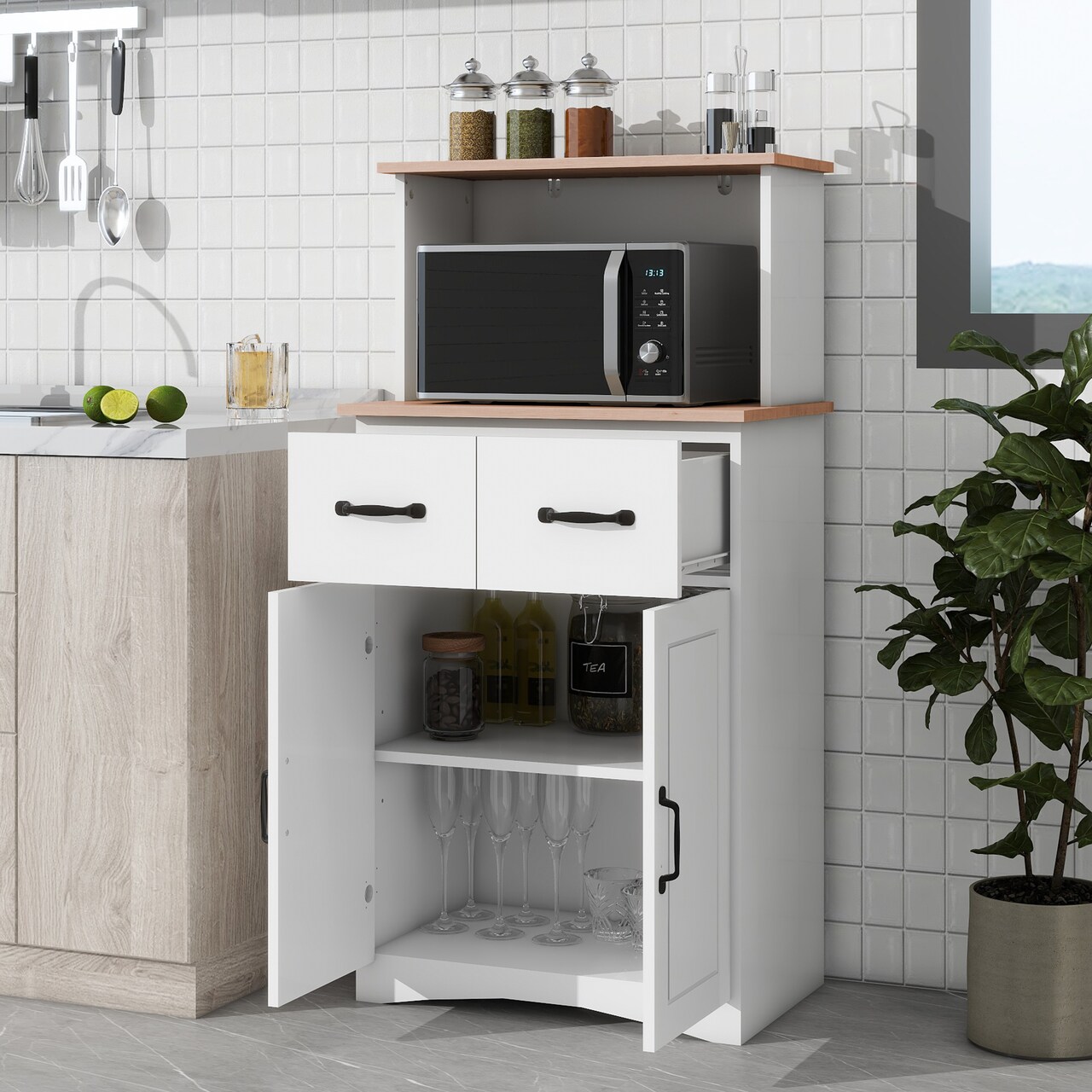 White Wooden Kitchen Cabinet with Microwave Stand | Upgrade Kitchen Storage